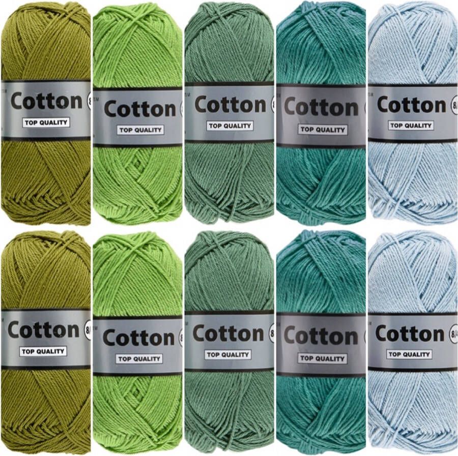 Lammy Yarns Cotton eight groen blauw katoengaren pakket 10 bollen pendikte 2 5 a 3mm