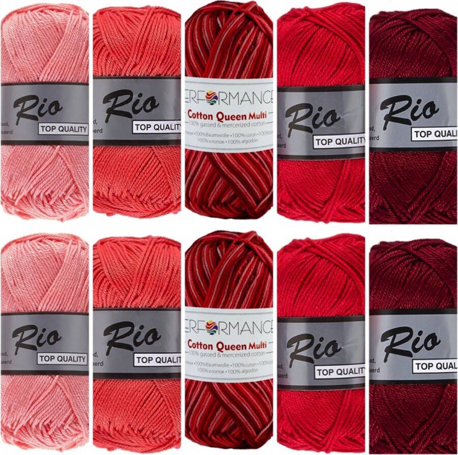 Lammy yarns De hobbyvlinder Rio en Queen multi katoen garen pakket rood roze kleuren 10 bollen