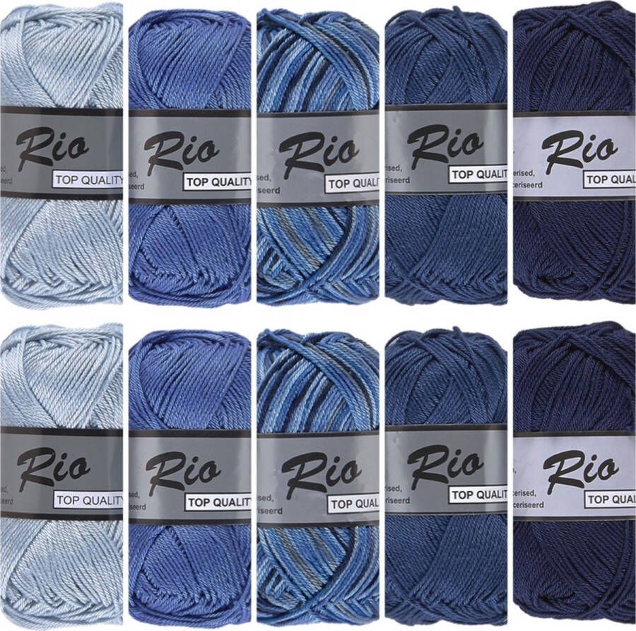 Lammy yarns De hobbyvlinder Rio katoen garen pakket blauwe kleuren multi en uni 10 bollen van 50 gram