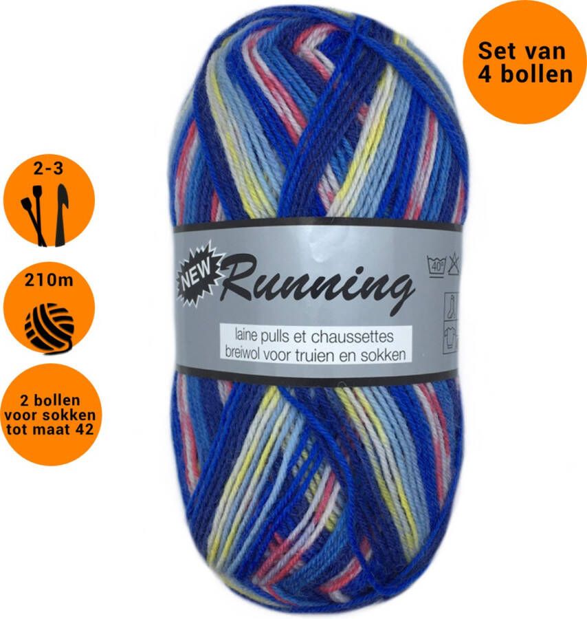 Lammy Yarns New Running multi (416) sokkenwol 4 bollen van 50 gram gemêleerd blauw met spikkel