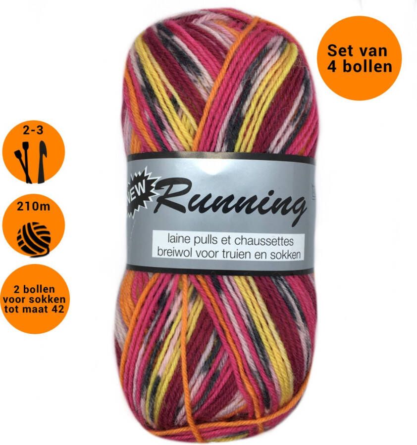 Lammy Yarns new Running multi (418) -sokkenwol roze oranje met spikkel 4 bollen van 50 gram naalden 2 5 3 mm