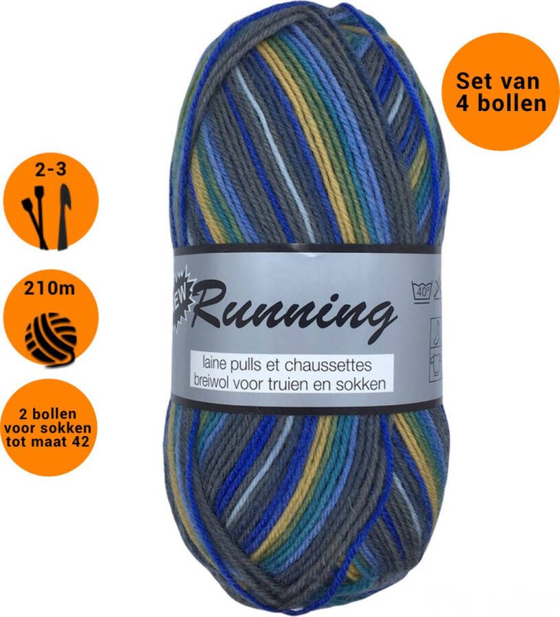 Lammy Yarns -New Running Multi (424) 4 bollen van 50 gram gemêleerde sokkenwol grijs blauwgroen