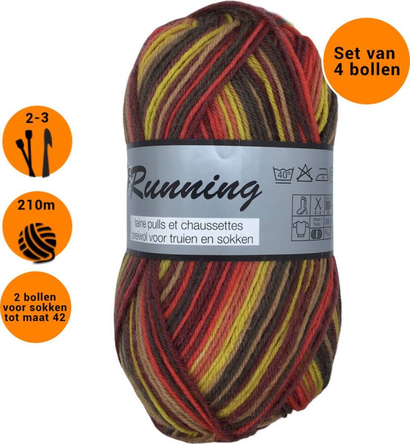 Lammy Yarns new Running Multi (426) Sokkenwol oranje bruin 4 bollen van 50 gram naalden 2 5 3 mm