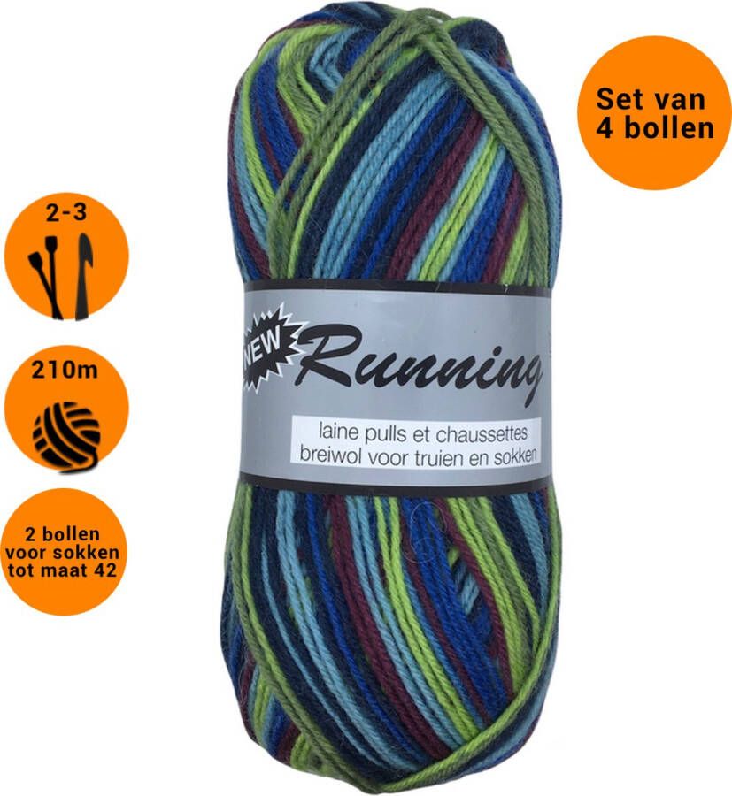 Lammy Yarns New Running Multi (427) Sokkenwol groen blauw 4 bollen van 50 gram naalden 2 5 3 mm