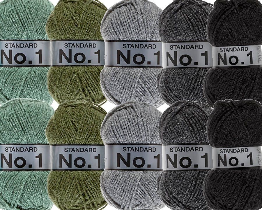 Lammy Yarns No.1 Garenpakket Grijs Groen 5 Kleuren 10 Bollen Garen Haken Breien Acryl