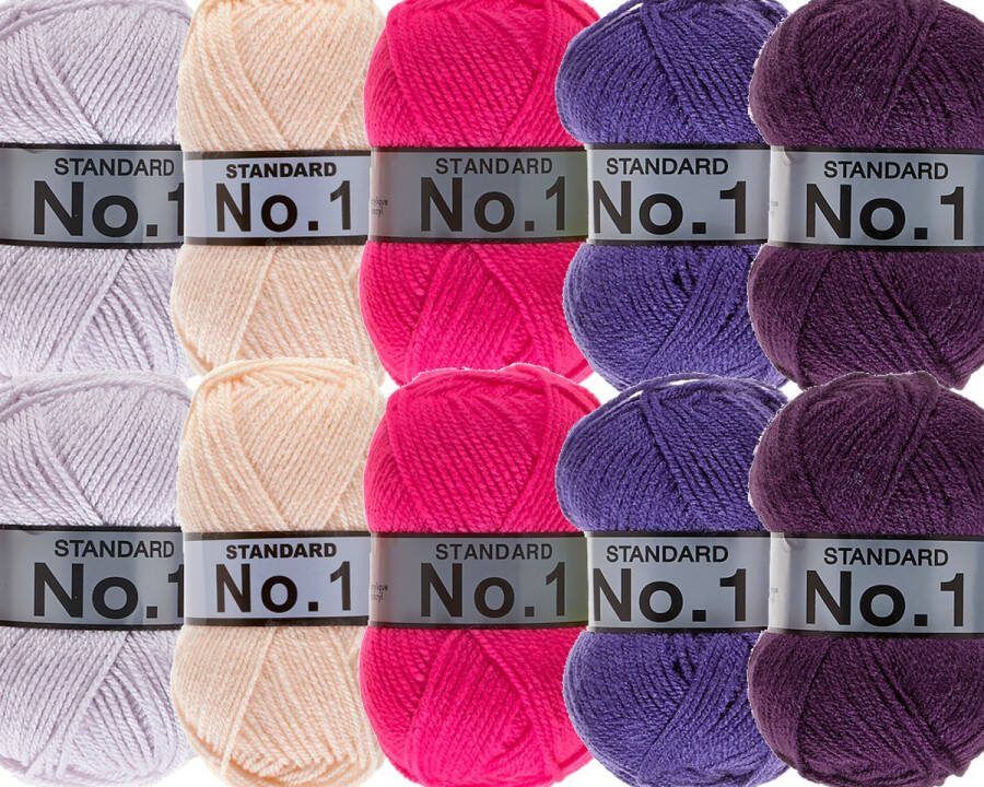 Lammy Yarns No.1 Garenpakket Roze Paars 5 kleuren 10 bollen Garen Haken Breien Acryl