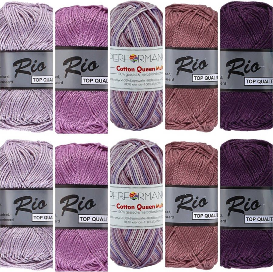 Lammy Yarns Rio en Queen multi katoen garen pakket paars lila kleuren 10 bollen