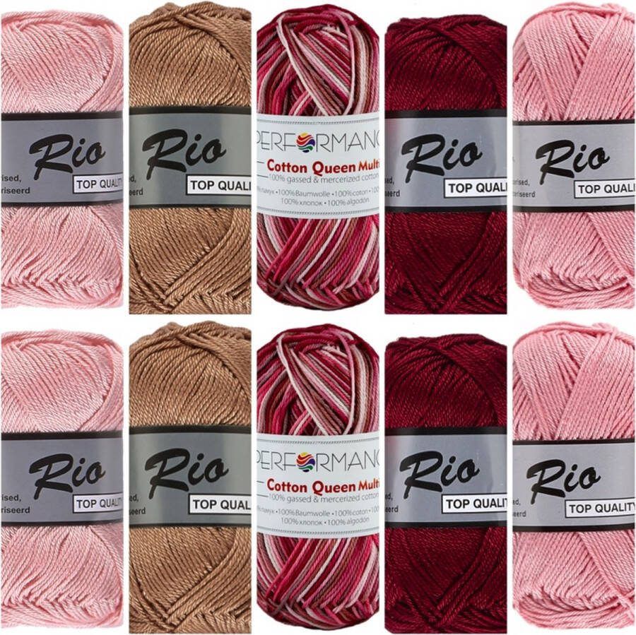 Lammy Yarns Rio en Queen multi katoen garen pakket roze bruin kleuren 10 bollen