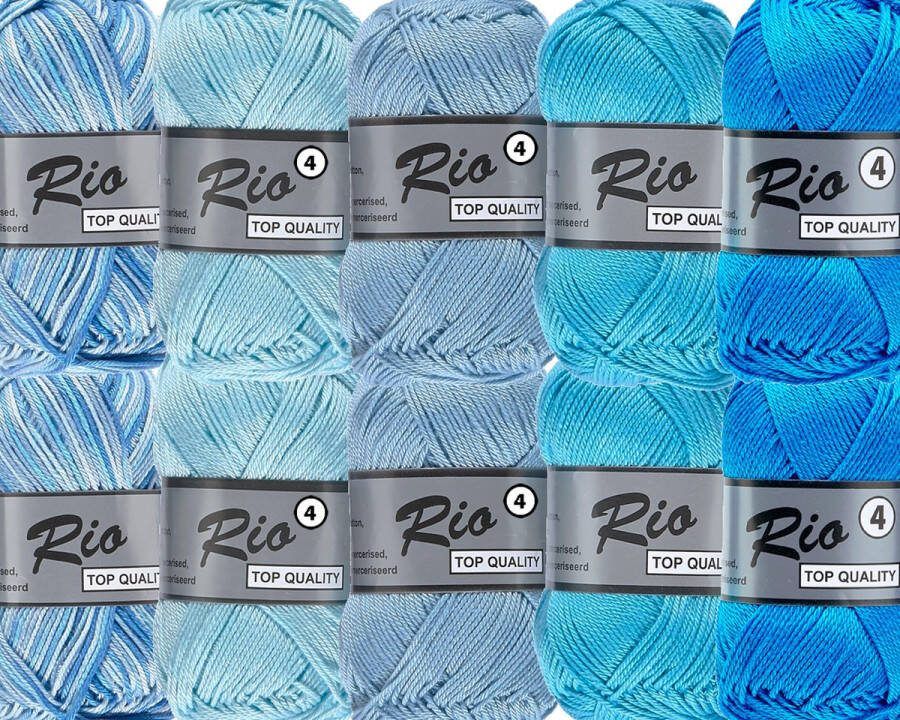 Lammy Yarns Rio Garenpakket Blauwtinten 5 kleuren 10 bollen Garen Haken Breien Katoen
