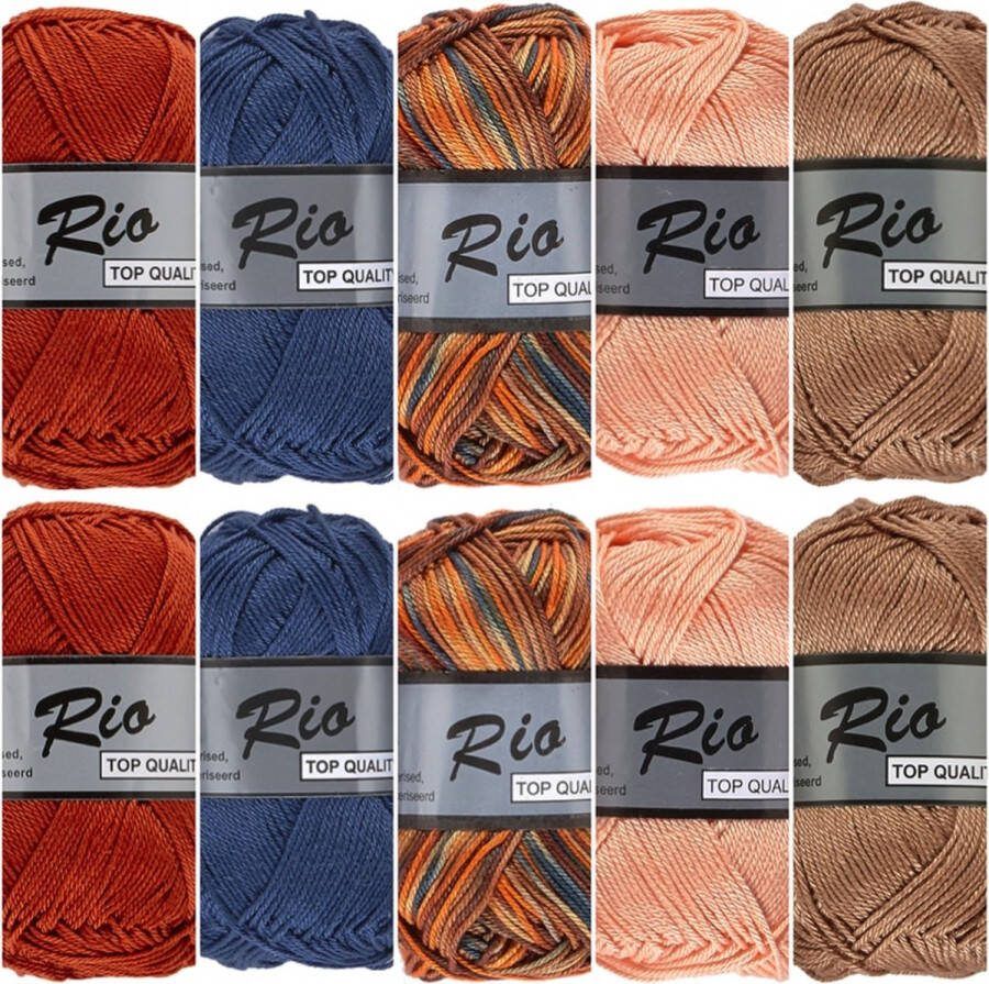 Lammy Yarns Rio haakkatoen garen pakket bruin blauw multi en uni kleuren 10 bollen