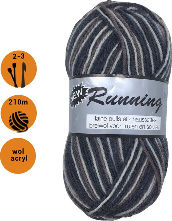 Lammy Yarns Running gemêleerde sokkenwol grijs bruin (425) 1 bol wol en acryl garen pendikte 2 a 3 mm. 50 grams