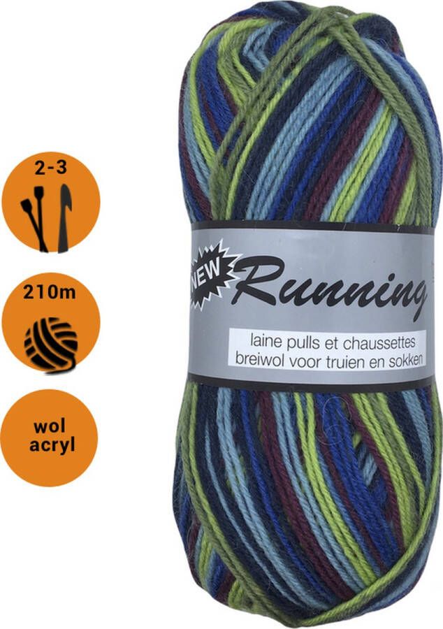 Lammy Yarns Running gemêleerde sokkenwol groen blauw (427) 1 bol wol en acryl garen pendikte 2 a 3 mm 50 grams