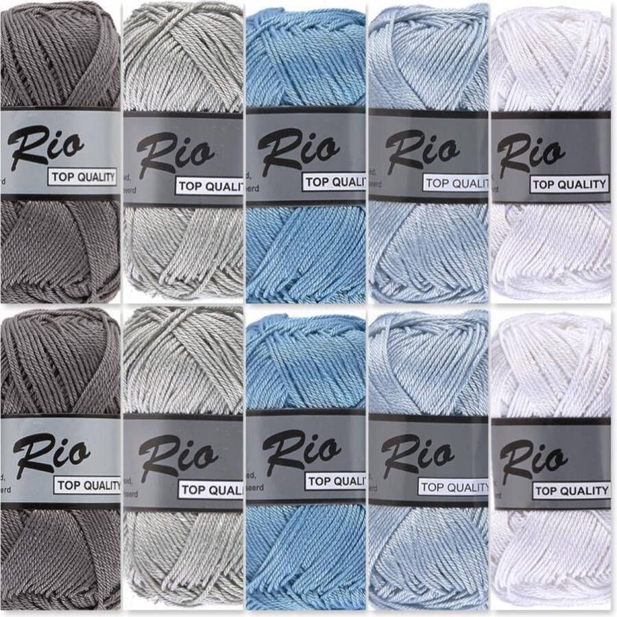 Lammy Yarns Set van 10 bollen Rio katoen garen blauw grijs kleuren pendikte 3 a 3 5mm 50 grams bollen
