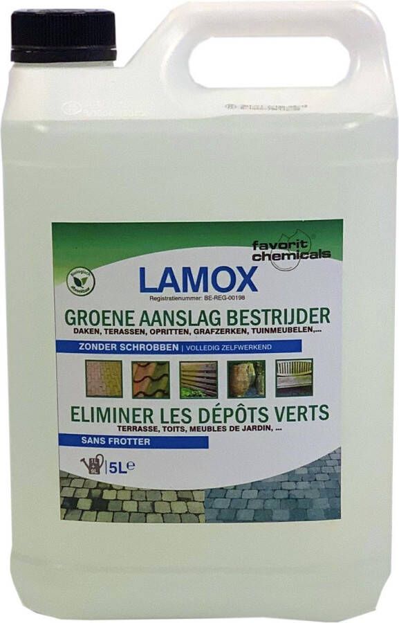 LAMOX Toelatingsnr BE-REG-00198 LAMOX Groene aanslagreiniger Groene aanslagverwijdering Algenkiller 5 Lt