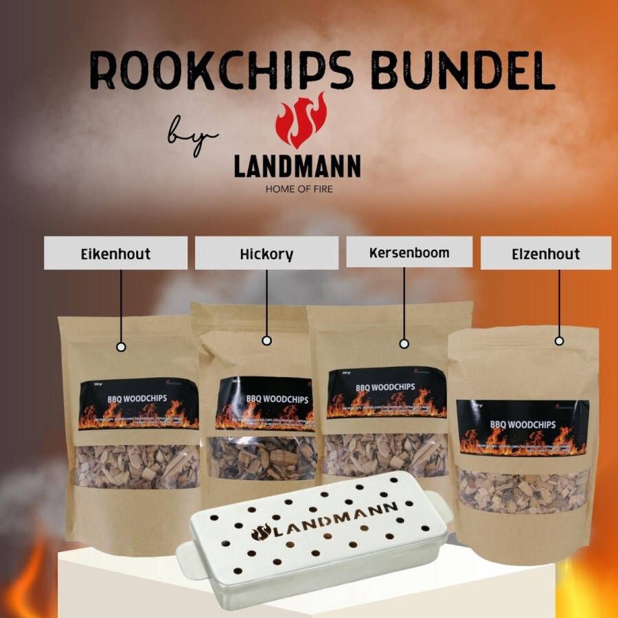 Landmann Rookchips bundel by met rookbox met Hickory met Eikenhout met Kersenbooomhout met Elzenhout Rooksnippers -Rooksmaak Rookplank