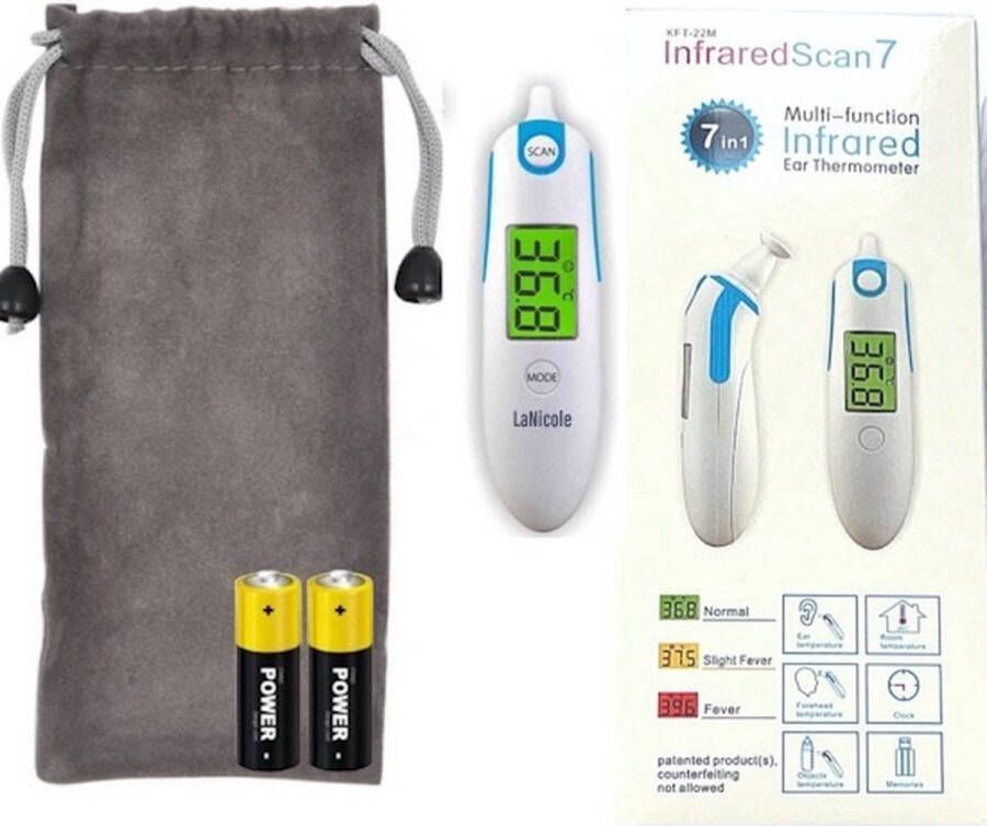 LaNicole -Infrarood oorthermometer-lichaamstemperatuur-Blauw-Koorts-inclusief batterijen