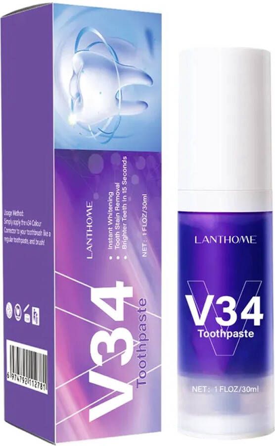 Lanthome V34 Whitening Foam Paarse Schuim Tandpasta 2 in 1 30ml