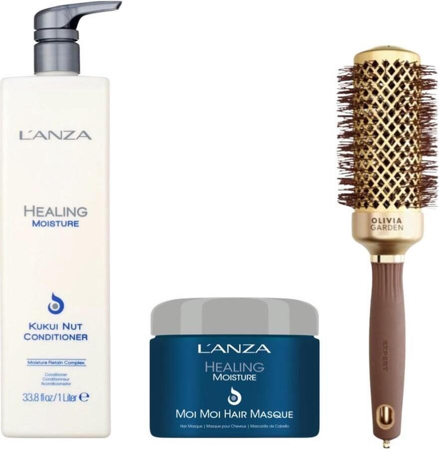 Lanza Healing Moisture Kukui Nut 1000 ml Conditioner & L'Anza Healing Moisture Moi Hair Masque 200 ml & Borstel Ceramic+ion Nano Thermic Olivia Garden