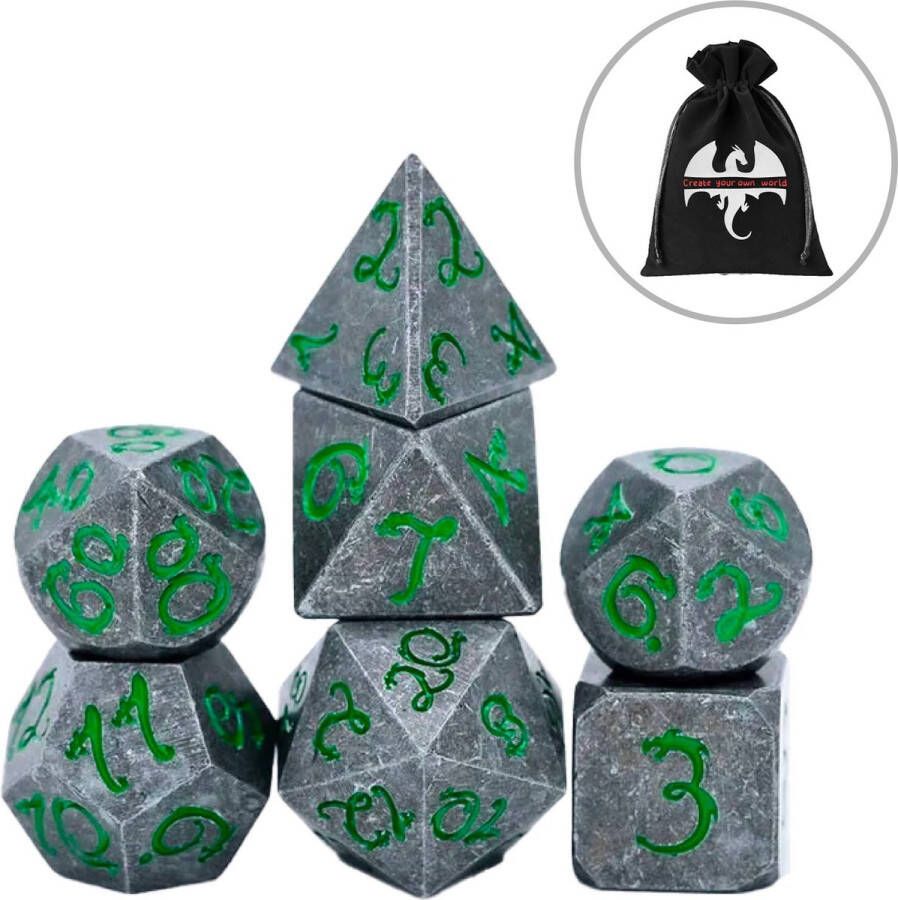 Lapi Toys Dungeons and Dragons dobbelstenen DnD D&D Polydice 1 set (7 stuks) Metaal Grijs Groen