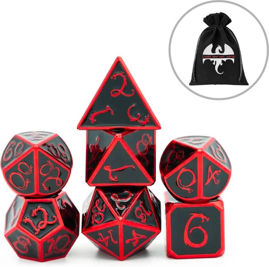 Lapi Toys Dungeons and Dragons dobbelstenen DnD D&D Polydice 1 set (7 stuks) Metaal Zwart Rood