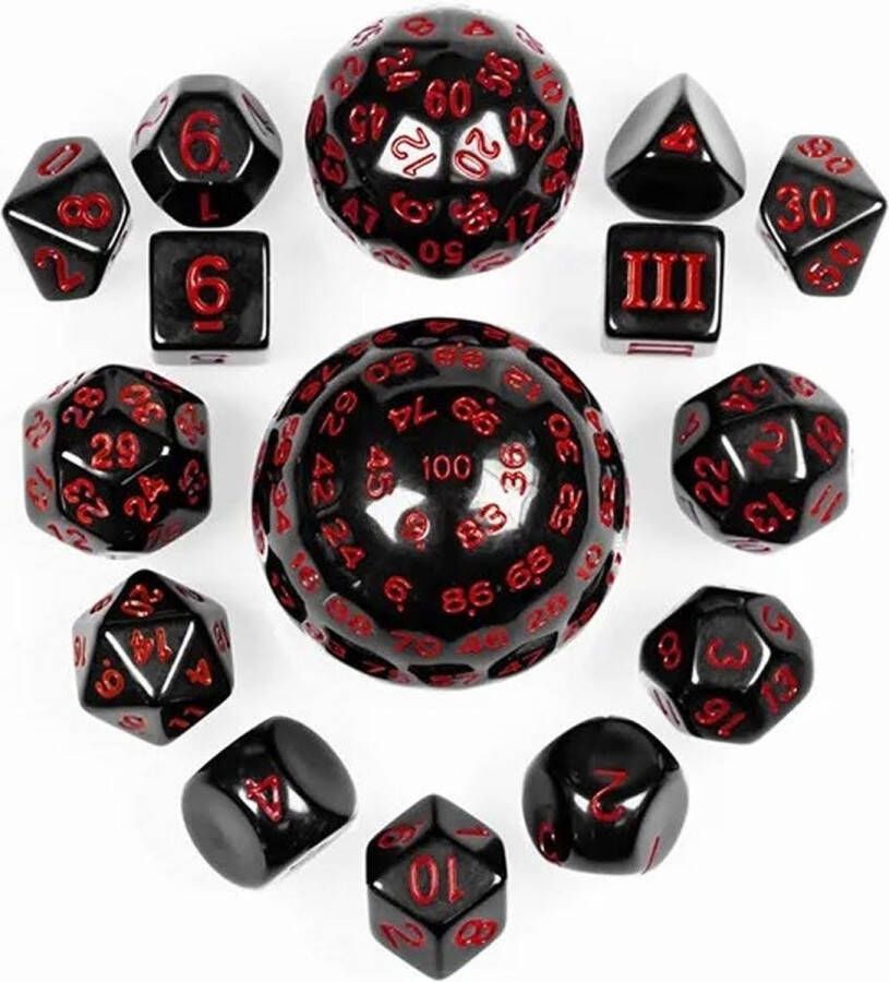 Lapi Toys Dungeons and Dragons dobbelstenen DnD D&D Polydice set (15 stuks) D3-D100 Acryl Zwart Rood