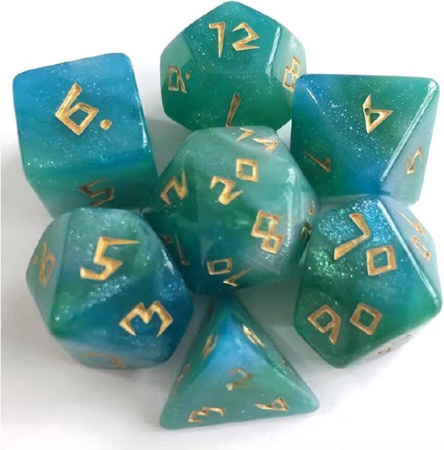 Lapi Toys Dungeons and Dragons dobbelstenen DnD Dice Polydice Dobbelstenen Dungeons Dragons D&D dobbelstenen DnD Dice Set 1 set (7 stuks) Acryl Groen Blauw