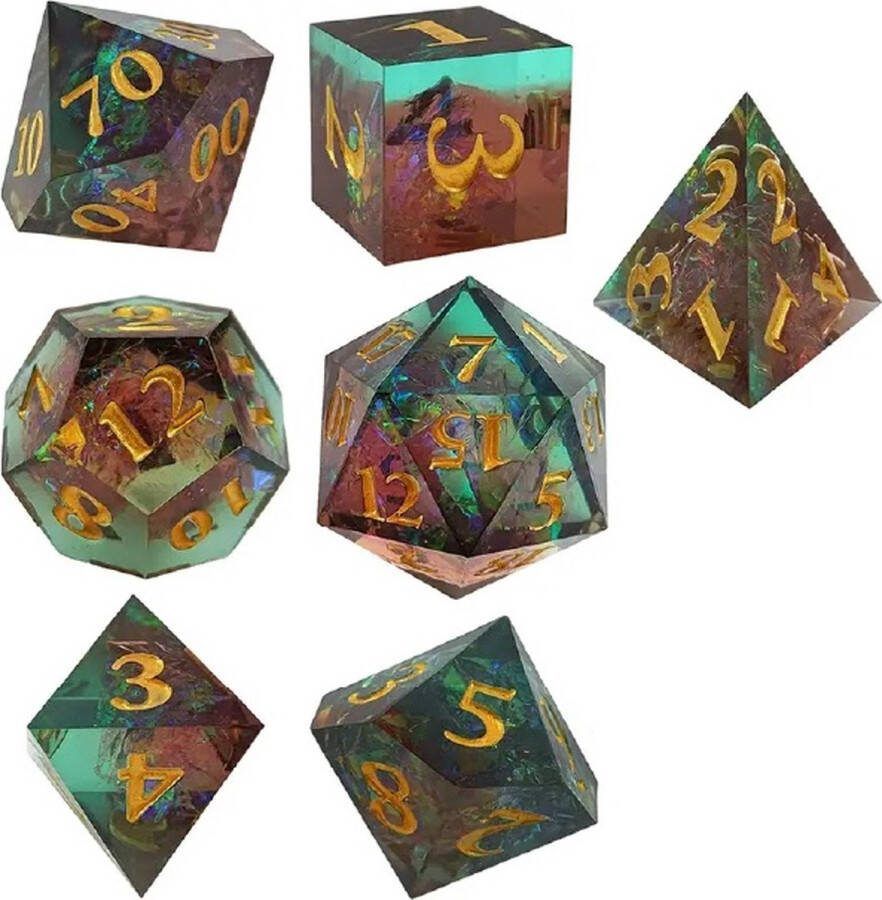 Lapi Toys Dungeons and Dragons dobbelstenen DnD Dice Polydice Dobbelstenen Dungeons Dragons D&D dobbelstenen DnD Dice Set 1 set (7 stuks) Sharp Edge Resin Groen Blauw Rood