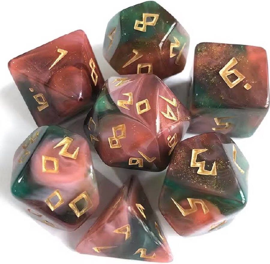 Lapi Toys Dungeons and Dragons dobbelstenen DnD Dice Polydice Dobbelstenen Dungeons Dragons D&D dobbelstenen DnD Dice Set 1 set (7 stuks) Acryl Roze Groen