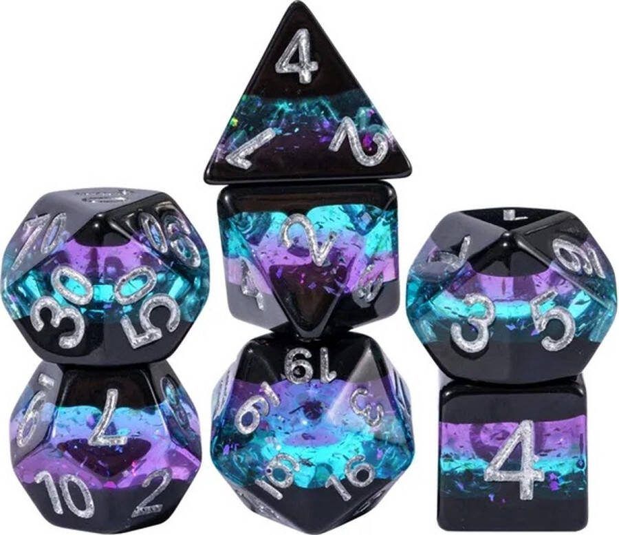 Lapi Toys Dungeons and Dragons dobbelstenen DnD Dice Polydice Dobbelstenen Dungeons Dragons D&D dobbelstenen DnD Dice Set 1 set (7 stuks) Resin Zwart Blauw Paars