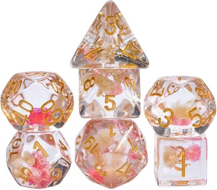 Lapi Toys Dungeons and Dragons dobbelstenen DnD Dice Polydice Dobbelstenen Dungeons Dragons D&D dobbelstenen DnD Dice Set 1 set (7 stuks) Met bloemen Resin Transparant