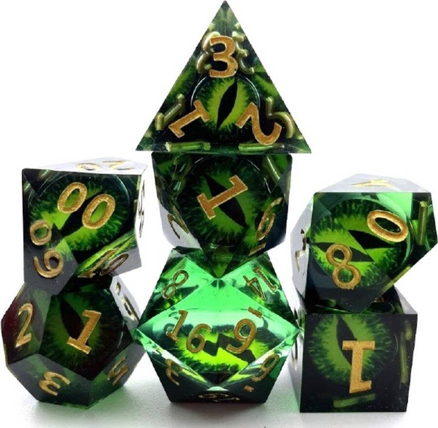 Lapi Toys Dungeons and Dragons dobbelstenen DnD Dice Polydice Dobbelstenen Dungeons Dragons D&D dobbelstenen DnD Dice Set 1 set (7 stuks) Met ogen Sharp Edge Resin Transparant en groen