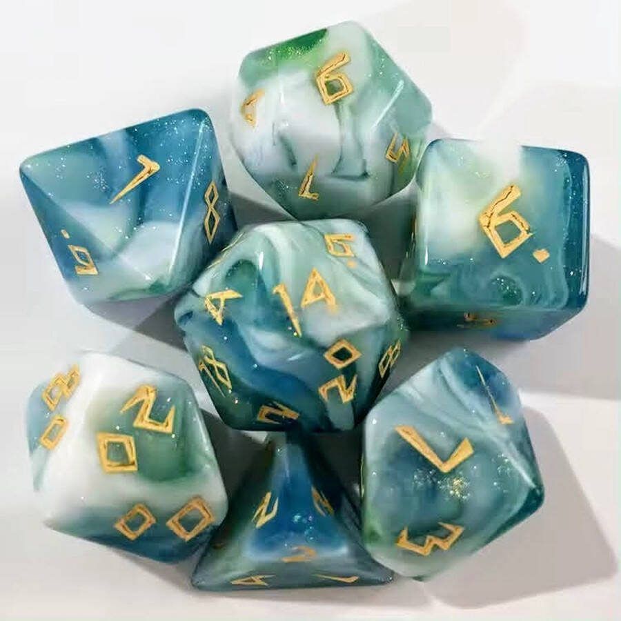 Lapi Toys Dungeons and Dragons dobbelstenen DnD Dice Polydice Dobbelstenen Dungeons Dragons D&D dobbelstenen DnD Dice Set 1 set (7 stuks) Acryl Groen Blauw Wit