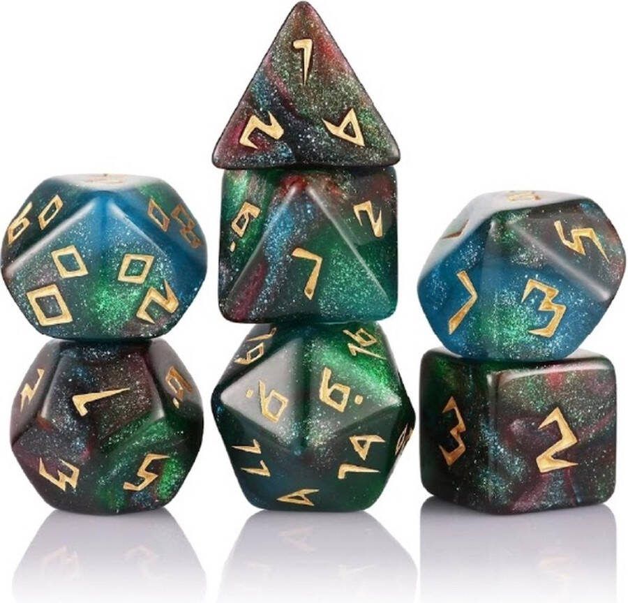 Lapi Toys Dungeons and Dragons dobbelstenen DnD Dice Polydice Dobbelstenen Dungeons Dragons D&D dobbelstenen DnD Dice Set 1 set (7 stuks) Acryl Groen Meerkleurig
