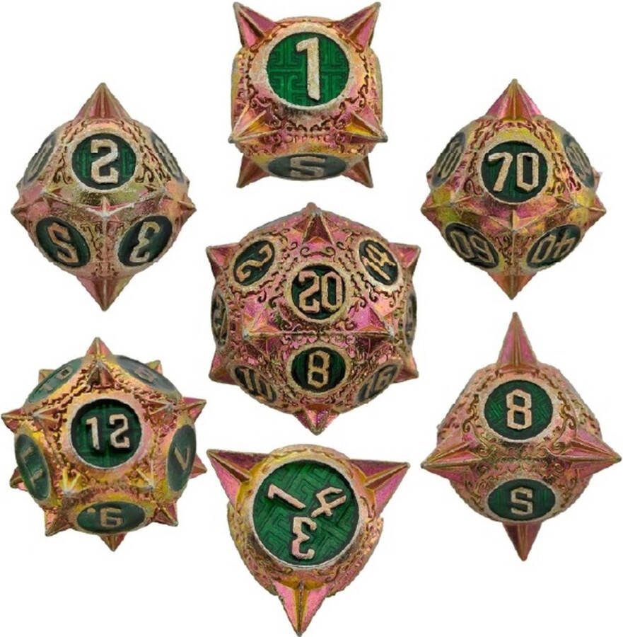 Lapi Toys Dungeons and Dragons dobbelstenen DnD Dice Polydice Dobbelstenen Dungeons Dragons Metal dice Metalen Dobbelstenen DnD Dice Set 1 set (7 stuks) Metaal Goudkleurig Groen