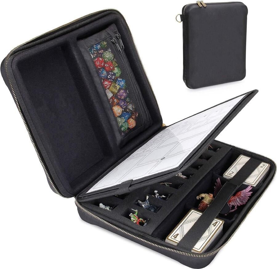 Lapi Toys Dnd opbergmap Dnd opbergbox Dobbelsteenbak Opbergmap Voor 16 miniaturen Meerdere compartimenten 32 x 26 x 8 cm Katoen Zwart