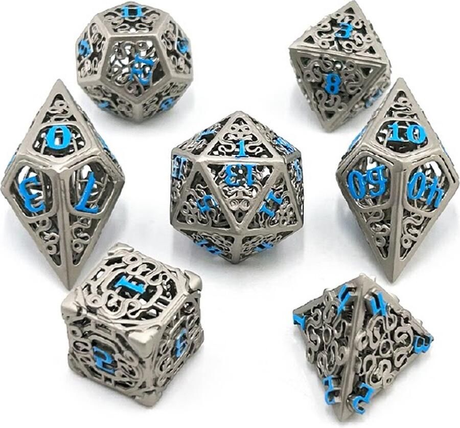 Lapi Toys Dungeons and Dragons dobbelstenen DnD Dice Polydice Dobbelstenen Dungeons Dragons Metal dice Metalen Dobbelstenen DnD Dice Set Hollow dice 1 set (7 stuks) Metaal Zilverkleurig