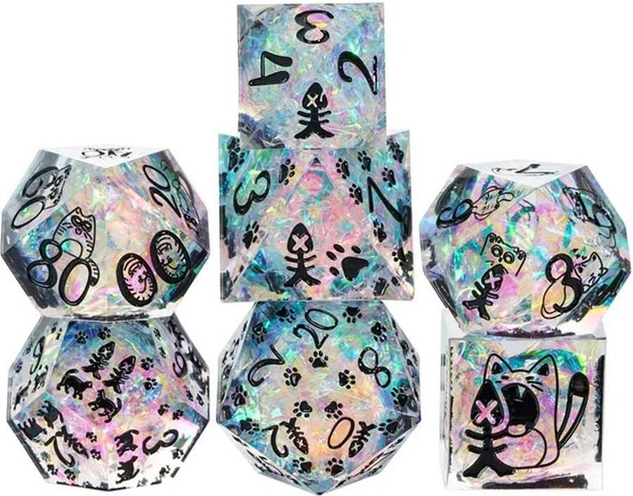 Lapi Toys Dungeons and Dragons dobbelstenen DnD Dice Polydice Dobbelstenen Dungeons Dragons D&D dobbelstenen DnD Dice Set 1 set (7 stuks) Met katten Sharp Edge Resin Transparant Blauw