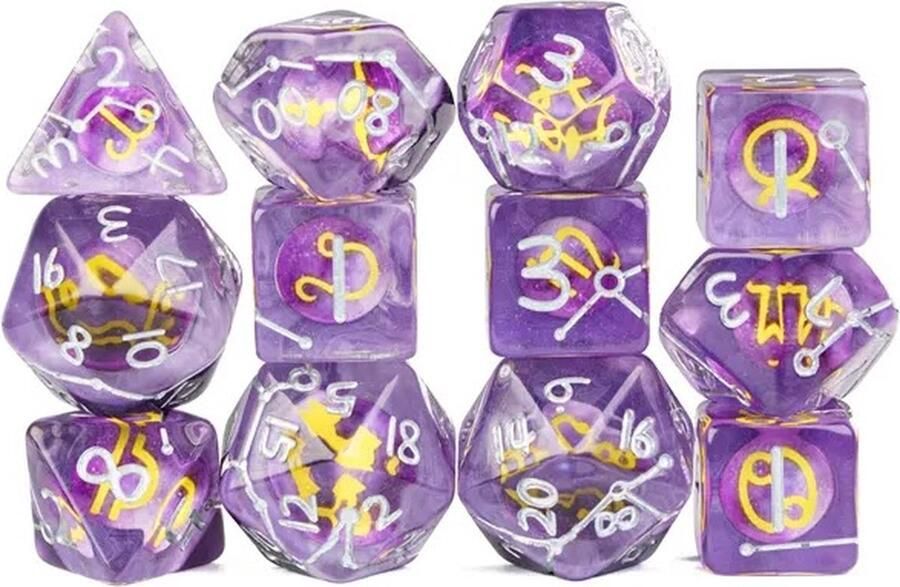 Lapi Toys Dungeons and Dragons dobbelstenen DnD Dice Polydice Dobbelstenen Dungeons Dragons D&D dobbelstenen DnD Dice Set Mega set 1 set (12 stuks) Met sterrenbeelden Resin Paars