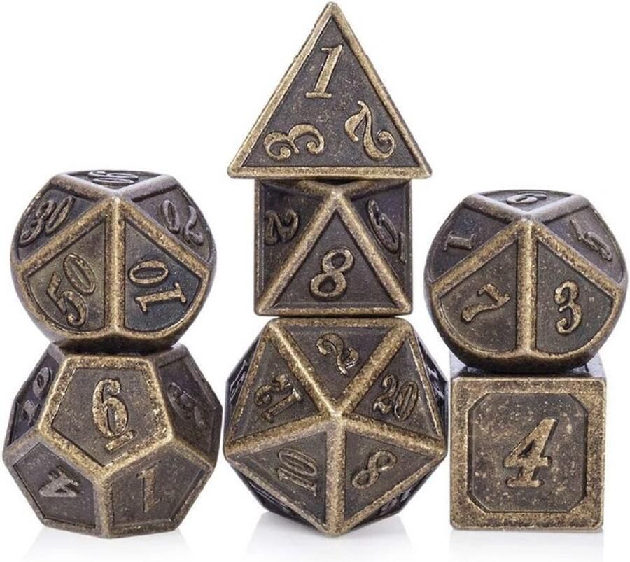 Lapi Toys Dungeons and Dragons dobbelstenen DnD Dice Polydice Dobbelstenen Dungeons Dragons Metal dice Metalen Dobbelstenen DnD Dice Set 1 set (7 stuks) Metaal Bronskleurig