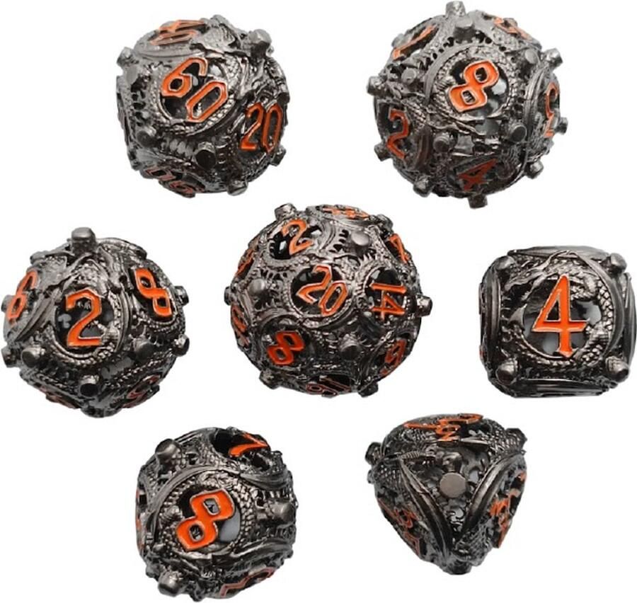 Lapi Toys Dungeons and Dragons dobbelstenen DnD Dice Polydice Dobbelstenen Dungeons Dragons Metal dice Metalen Dobbelstenen DnD Dice Set Hollow dice 1 set (7 stuks) Metaal Zilverkleurig Rood