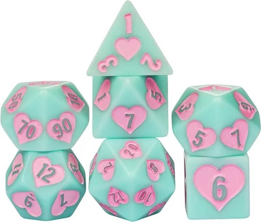 Lapi Toys Dungeons and Dragons dobbelstenen DnD Dice Polydice Dobbelstenen Dungeons Dragons D&D dobbelstenen DnD Dice Set 1 set (7 stuks) Met hartjes Acryl Groen Roze