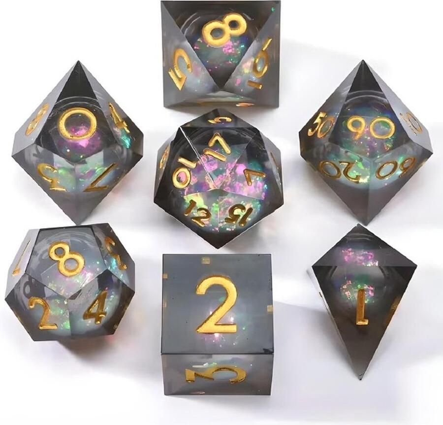 Lapi Toys Dungeons and Dragons dobbelstenen DnD Dice Polydice Dobbelstenen Dungeons Dragons D&D dobbelstenen DnD Dice Set 1 set (7 stuks) Met ogen Sharp Edge Resin Grijs Meerkleurig