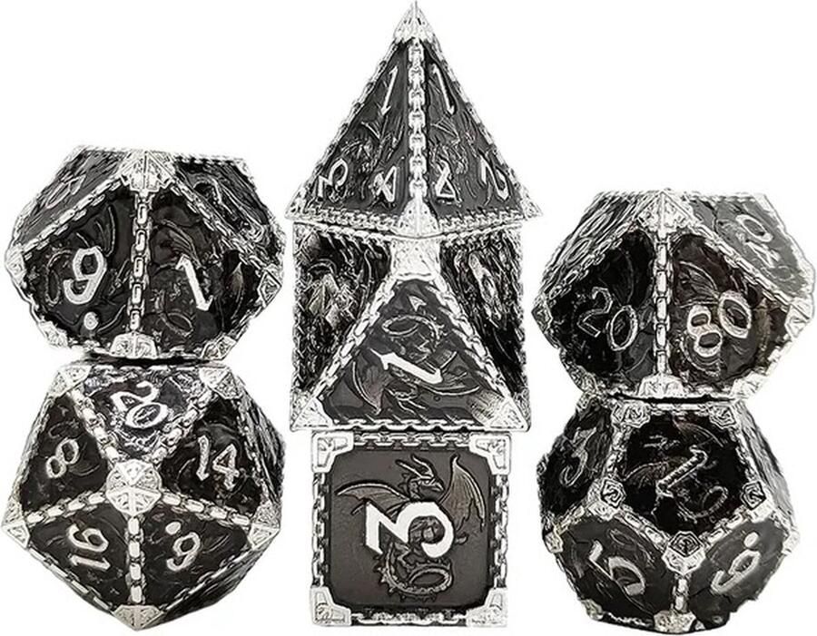 Lapi Toys Dungeons and Dragons dobbelstenen DnD Dice Polydice Dobbelstenen Dungeons Dragons Metal dice Metalen Dobbelstenen DnD Dice Set 1 set (7 stuks) Metaal Zwart Zilver