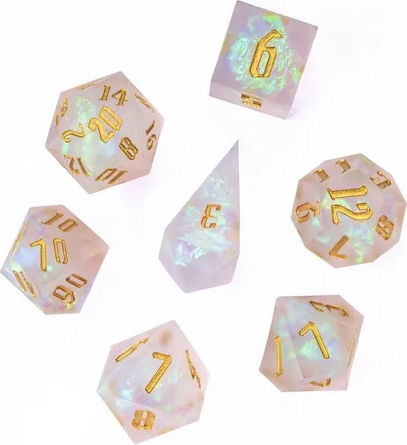 Lapi Toys Dungeons and Dragons dobbelstenen DnD Dice Polydice Dobbelstenen Dungeons Dragons D&D dobbelstenen DnD Dice Set 1 set (7 stuks) Sharp Edge Resin Transparant Wit
