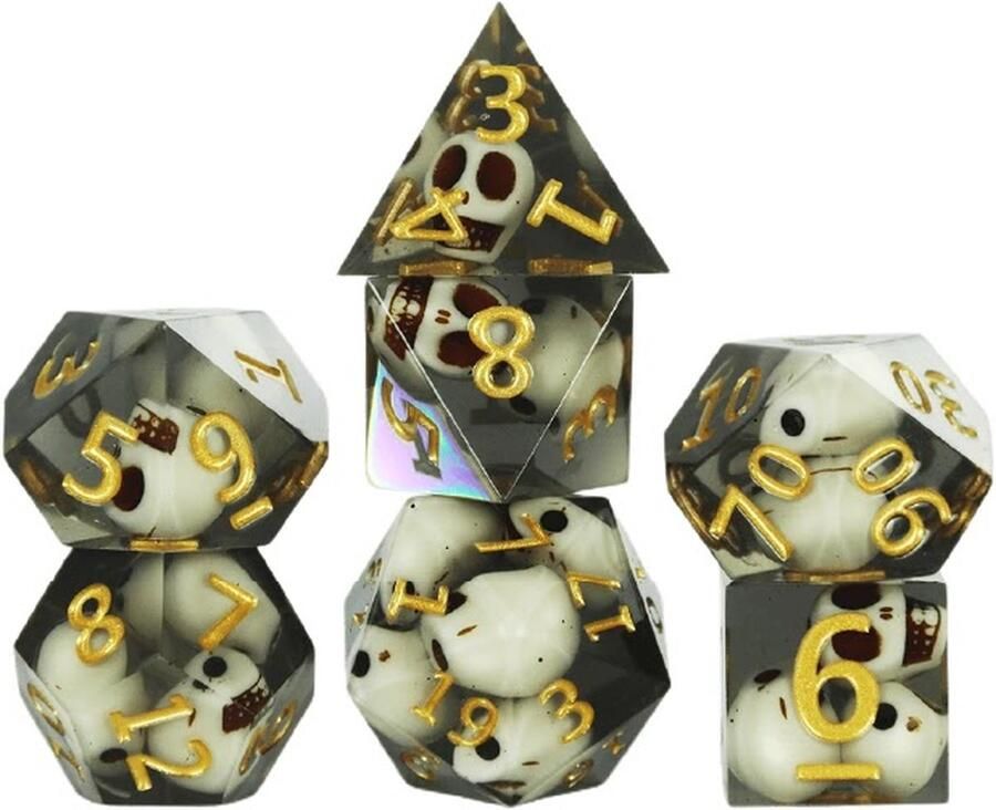 Lapi Toys Dungeons and Dragons dobbelstenen DnD Dice Polydice Dobbelstenen Dungeons Dragons D&D dobbelstenen DnD Dice Set 1 set (7 stuks) Met schedels Resin Transparant