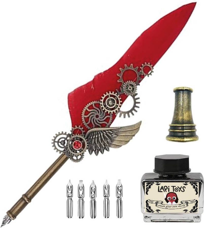 Lapi Toys Veer pen Schrijfveer Kroontjespen Kalligrafie set Quill Inclusief inktpotje penhouder en 6 schrijfpunten Rood