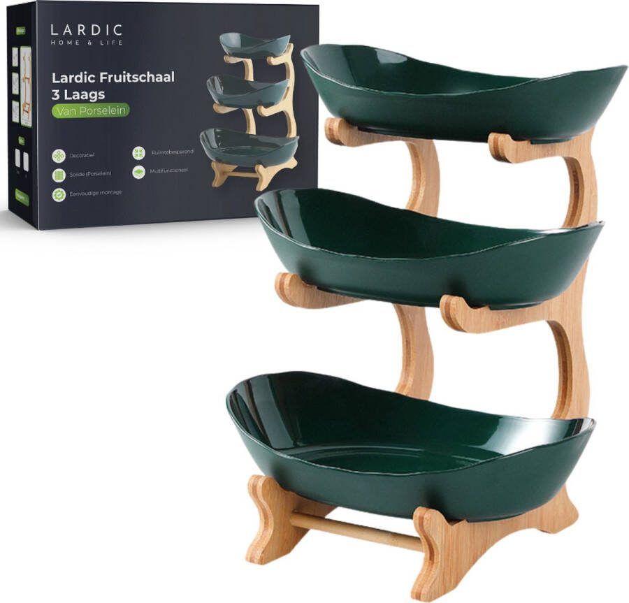 Lardic Home & Life Lardic Fruitschaal 3 Laags Serveertoren Fruit Etagère Fruitmand Keramiek Groentemand Bamboe Hout Opberger Porselein Groen