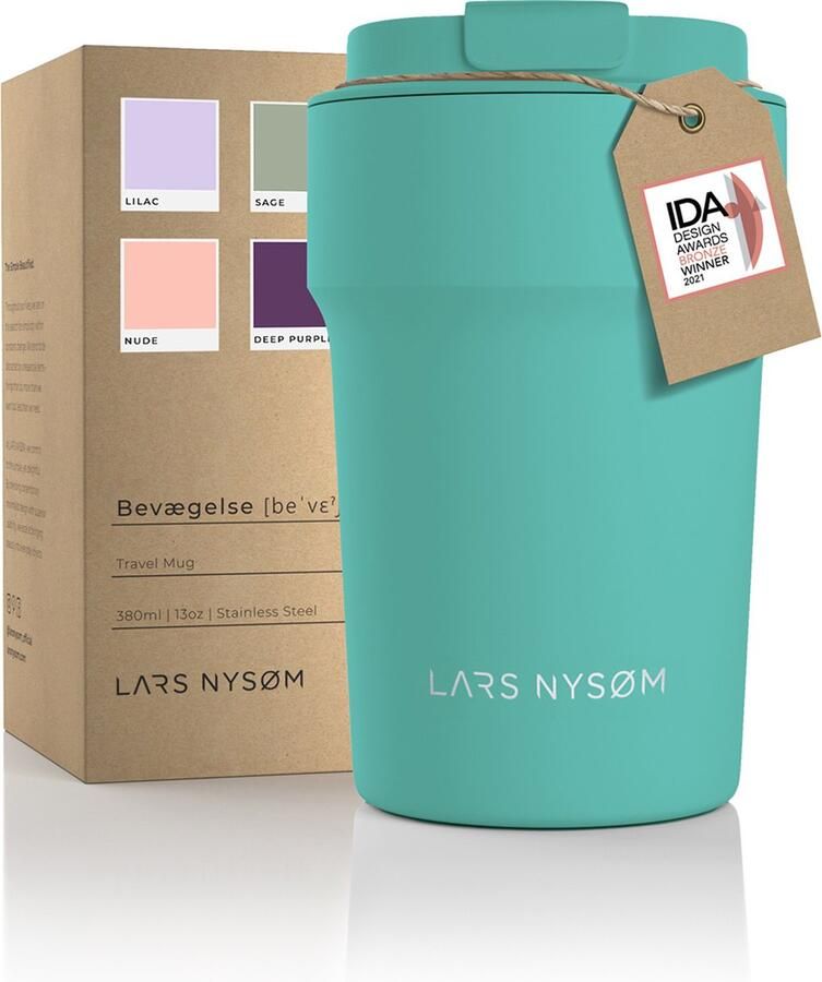LARS NYSØM 'Bevægelse' Thermos Coffee Mug-to-go 380ml BPA-vrij met Isolatie Lekvrije Roestvrijstalen Thermosbeker Aqua Turquoise
