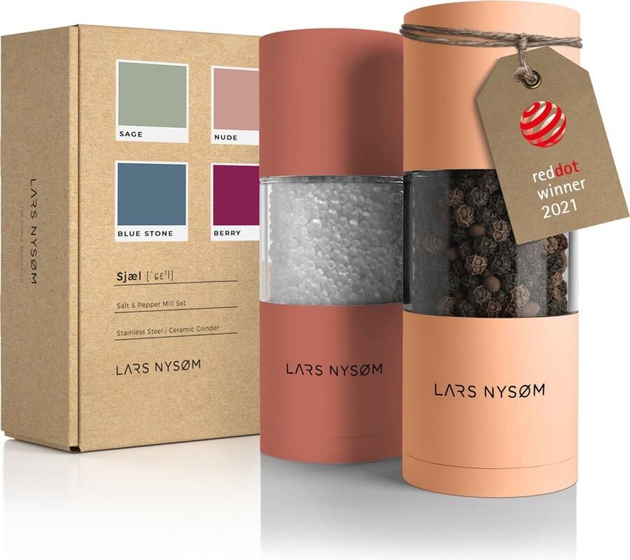 LARS NYSØM 'Sjæl' Peper en zoutmolen set Verstelbare maalgraad Roestvrijstaal Brick Peach