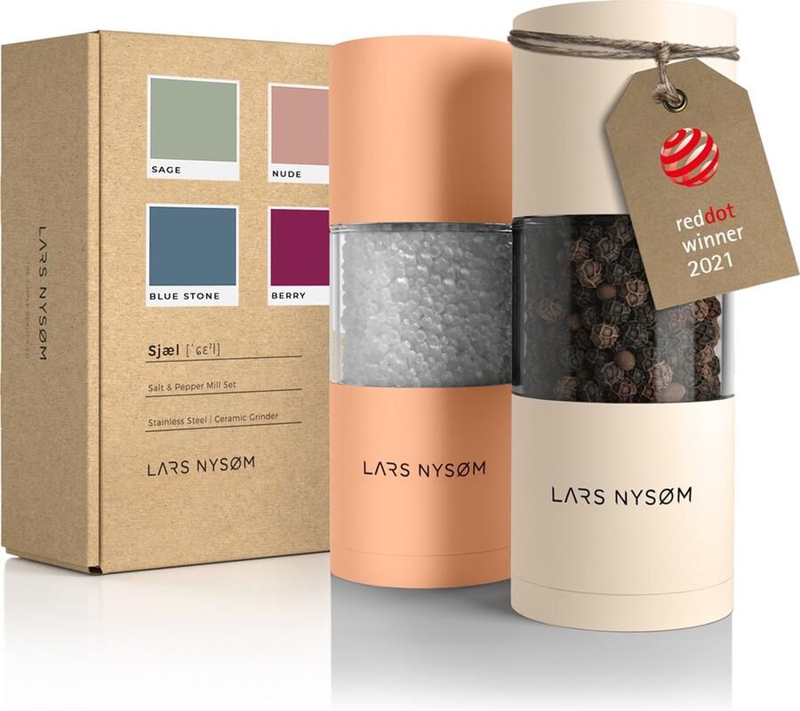 LARS NYSØM 'Sjæl' Peper en zoutmolen set Verstelbare maalgraad Roestvrijstaal Peach Buttercream